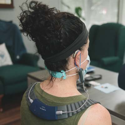 Patient undergoing a real ear measurement test.